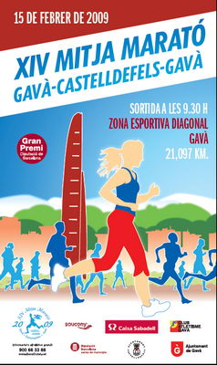 Cartell de la XIV Mitja Marat&oacute; Gav&agrave;-Castelldefels-Gav&agrave; que inclou "La Vela" de Gav&agrave; Mar (15 Febrer 2009)